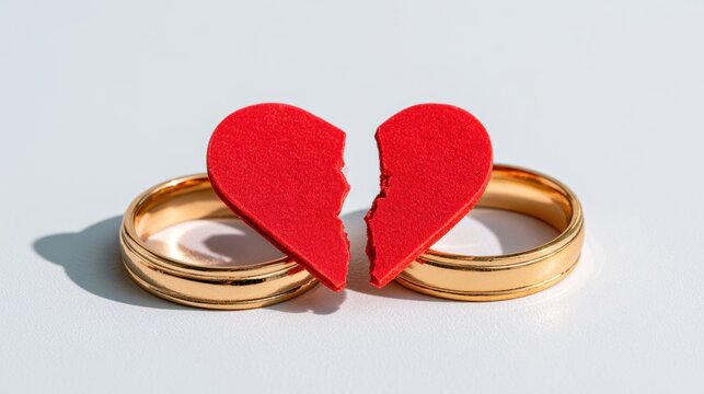 Broken red heart symbol placed between two gold wedding rings on white surface representing relationship breakup and divorce concept