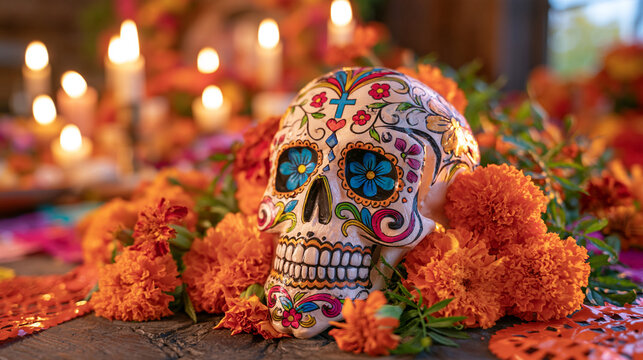 Colorful Mexican sugar skull surrounded by vibrant orange marigold flowers and traditional papel picado decorations, intricate hand-painted patterns, festive Day of the Dead altar setting, warm cand
