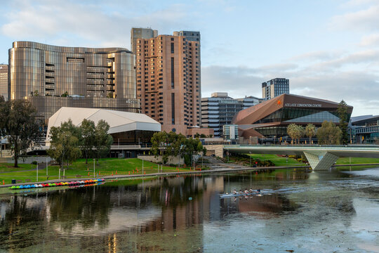 Adelaide Convention Centre, Festival Centre and SkyCity complex skyline from River Torrens, Adelaide, South Australia, 9 September 2026