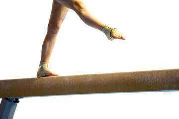 Fototapeta premium Female gymnast's legs walking on balance beam isolated in transparent background