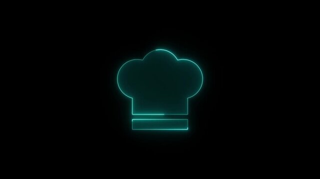 Neon chef hat icon glowing with light blue lines on black background animated motion graphic for food industry branding.
