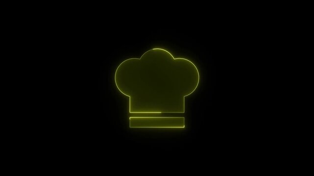 Neon yellow chef hat outline glowing on black background for digital cooking content or culinary restaurant branding video.