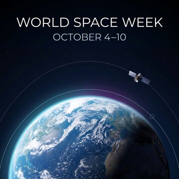 World Space Week graphic with earth view from space and orbiting satellite