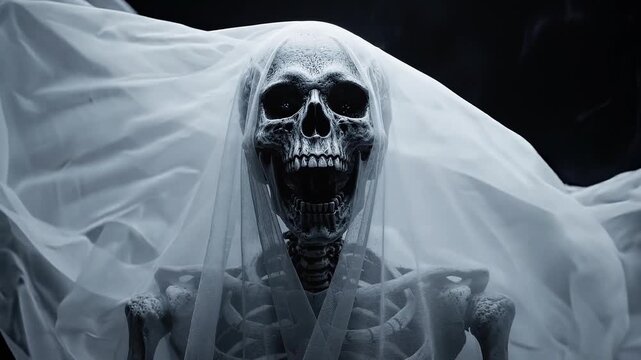 Spooky Skeleton Bride in White Veil for Halloween Horror Concept Design and Dark Fantasy Art