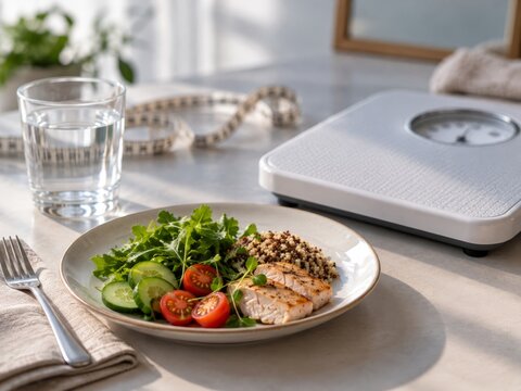 Balanced meal with chicken, salad, and grains beside a scale and measuring tape. Healthy portion control setting. Eating disorder recovery and nutrition education concept.