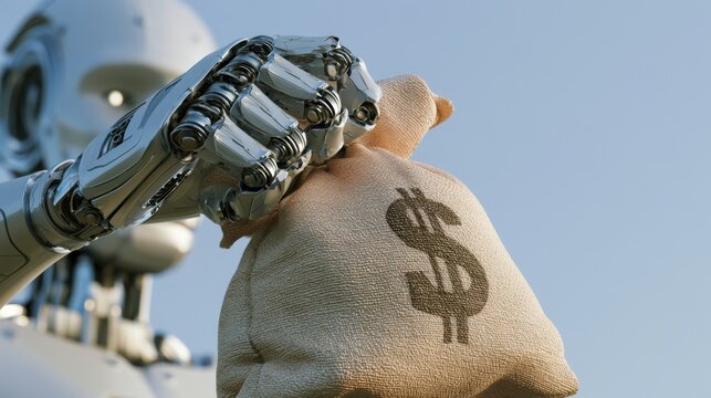 Futuristic robot holding a money bag with dollar sign symbolizing artificial intelligence and financial technology concept in outdoor setting