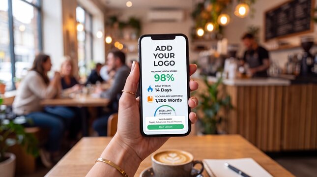 Person holding smartphone with mobile app screen mockup showing business dashboard and add your logo placeholder in cozy coffee shop interior