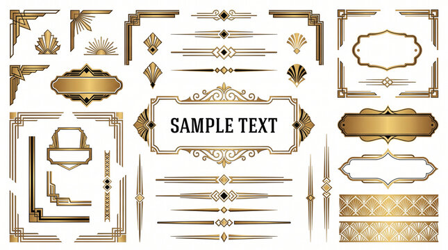 Set of luxury golden art deco borders, vintage geometric corners, frames, dividers and elegant ornamental vignettes for wedding invitations, certificate headers, menu embellishments, page trim