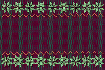 Cozy dark burgundy knitted winter background featuring traditional green snowflakes border and orange zigzag pattern with wide empty space in the middle for text or holiday greetings © Tetiana