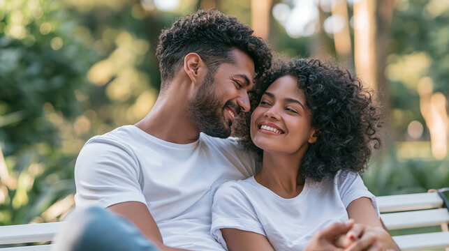 Loving couple sitting close together and smiling on a park bench  