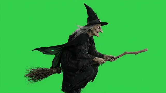 Old Witch Flying on Broomstick Green Screen - An old, crooked witch with long grey hair and a black pointy hat flies on a wooden broomstick against a solid green screen background.