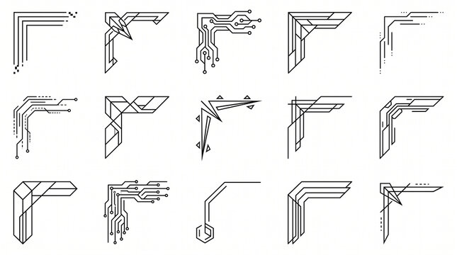 Set of fifteen black line corner ornaments featuring futuristic circuit board patterns geometric sci fi borders and modern tech framing decorative elements for cyber hud frame embellishments