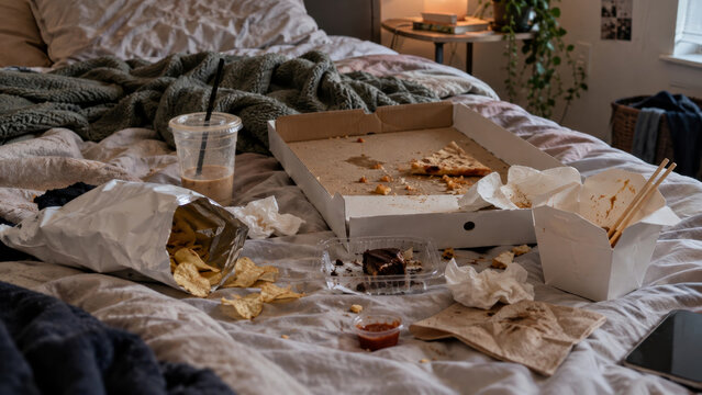 Takeout food and snacks cover an unmade bed after binge eating. Empty boxes, wrappers, and a drink cup show a private bedroom scene. Compulsive overeating concept.