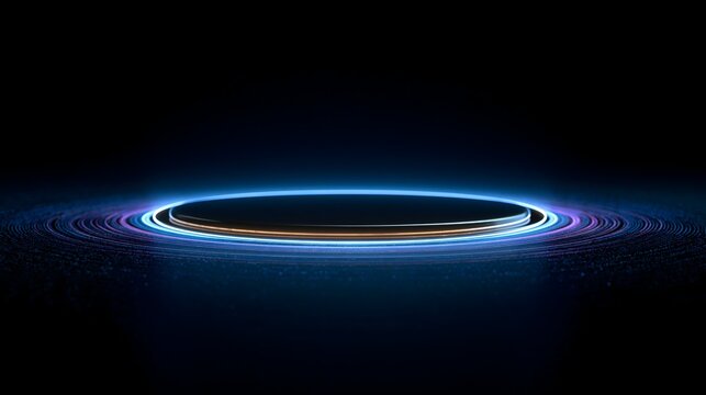 Abstract glowing neon blue and purple rings on dark background representing futuristic technology and portal concept
