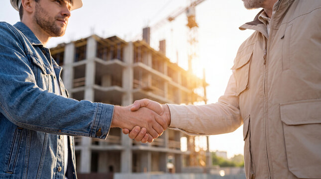 Two construction professionals shake hands at a building site with an unfinished structure and crane background. Agreement, partnership and project cooperation.