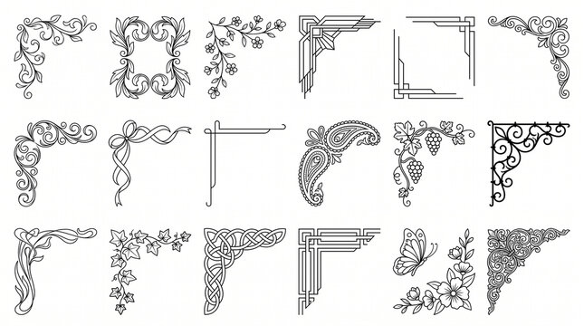 Set of eighteen decorative vintage corner borders featuring floral swirls, geometric art deco lines, celtic knot, and ornate flourishes for wedding invitation frames and page embellishments.