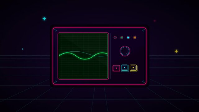 Retro electronic device displaying glowing green waves on dark background