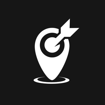 White minimalist location pin map pointer with arrow target icon. Letter G and O stylized logo template