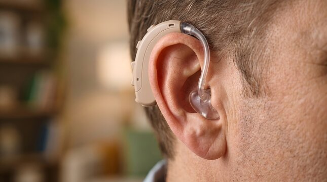 Person wearing hearing aid device for improved hearing support