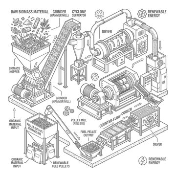 Biomass pellet production line diagram showing industrial manufacturing process