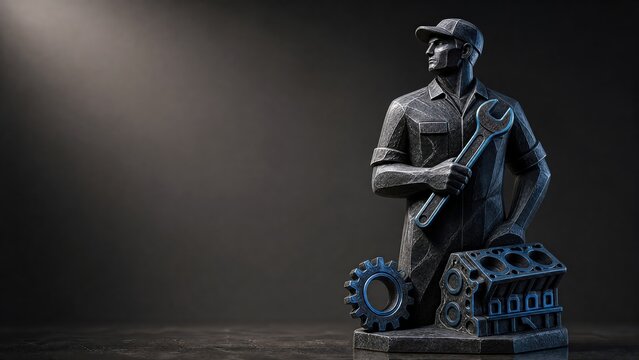 Polished iron marble mechanic auto technician figure with wrench gear oil can and car wheel on dark garage studio backdrop