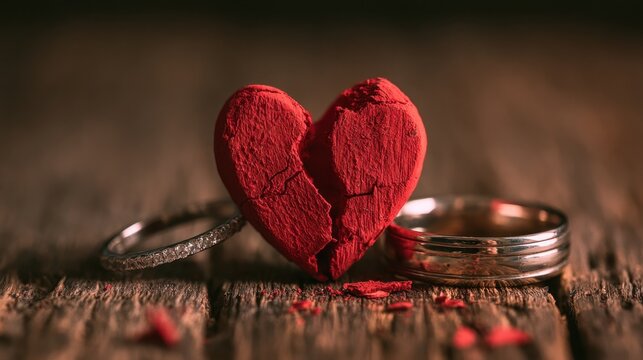 Broken red heart with cracks placed between two silver rings on wooden surface symbolizing love loss and heartbreak