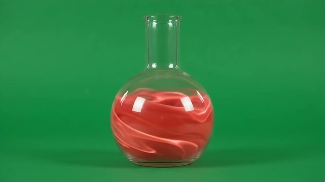 Swirling Potion in Glass Flask - A wide shot shows a clear glass flask containing a vibrant red liquid that is swirling with mesmerizing patterns.