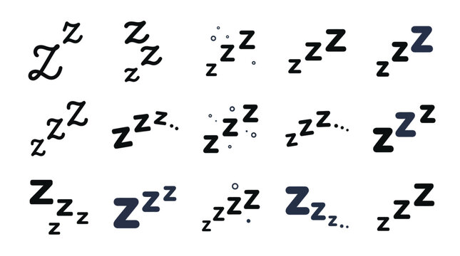Sleeping zzz letter icons displayed in various artistic typographic styles and clean dark vector shapes for creative graphic design projects