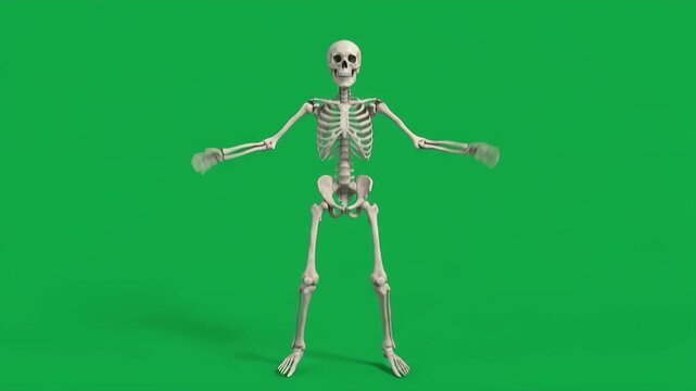 Full Body Human Skeleton Standing on Green Screen - A full body, articulated human skeleton stands facing forward against a solid green screen background.