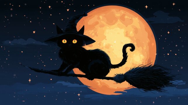 Black cat with glowing eyes wearing witch hat sitting on broomstick flying in front of full moon and starry night sky