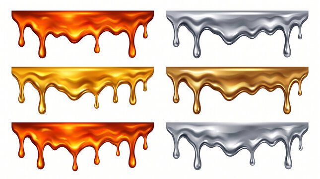 Set of realistic dripping liquid borders and decorative dividers featuring molten gold, shiny silver chrome, bronze metal, and sweet amber caramel syrup drips isolated on a clean white background