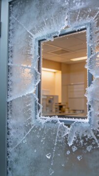 Vertical video: Reframing camera revealing shattered door glass at service room, exposing cabinets