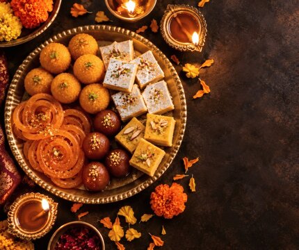 Assorted Indian sweets on a brass plate with diya lamps and marigold petals, top view
