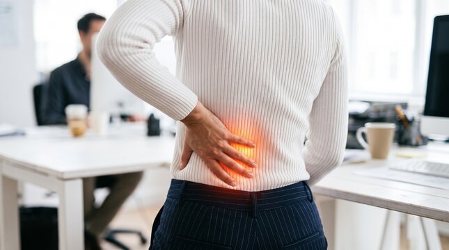 Woman holding lower back with glowing pain highlight in modern office for ergonomics and health articles