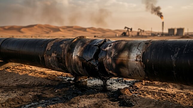 Damaged crude oil pipeline with torn black coating and leaking residue across barren desert ground, oil pump jacks and smoke stacks in the background. Energy security and global supply risk concept