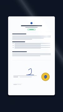Digital certificate document, official approval stamp, verified signature, confirmation and legal agreement, modern official document