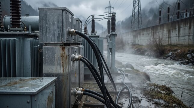 Wet electrical infrastructure and industrial power equipment near a mountain river after extreme rainfall. Climate risk, flash flood, energy security and extreme weather concept