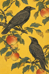 Obraz premium oriental style illustration showing two black ravens perched on apple tree branches with ripe red apples against a yellow background.
