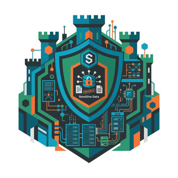 Cybersecurity Data Protection Concept with Shield Castle and Secure Server Infrastructure Illustration