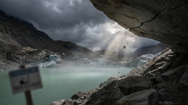 Cinematic close-up of a high-altitude glacial lake surrounded by unstable rocky slopes. Climate risk, flash flood and extreme weather concept