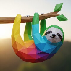 Obraz premium Colorful Low Poly Sloth Hanging on a Tree Branch