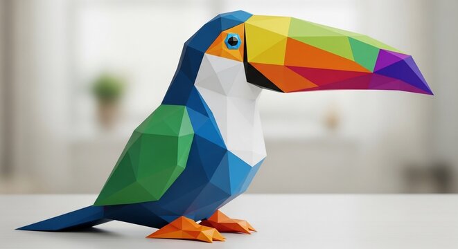 Colorful Low Poly Paper Toucan Sculpture on Table