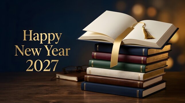 Happy new year 2027 beside a stack of hardcover books on a wooden table.