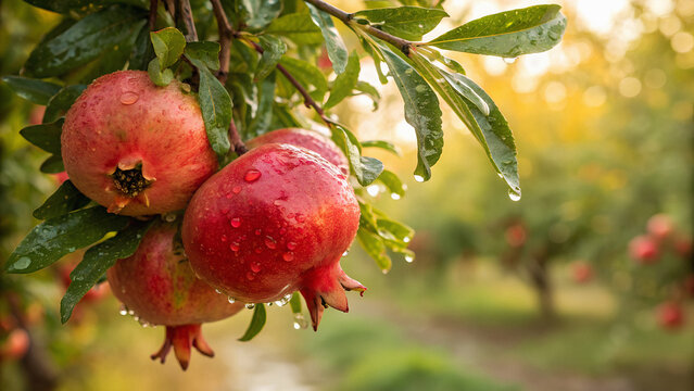 Fresh red pomegranates with water droplets on a branch red fruit tree