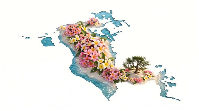 Map silhouette of Bahrain filled with frangipani flowers, sand, and tree of life on white background