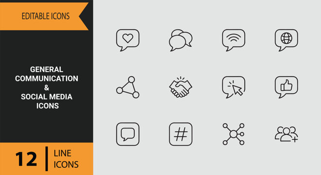 General Communication And Social Media Icons Outline Set Global Digital Networking Chat Symbols