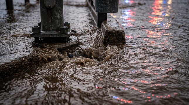 Floodwater flowing around urban metal street fixture, creating ripples and muddy currents across a rain covered roadway in a city street scene. Climate risk, flash flood and extreme weather concept