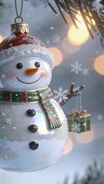Vertical video: Drifting snow making snowman ornament with hat swaying on fir branch, gift swinging