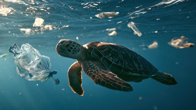 Sea turtle swimming underwater surrounded by floating plastic pollution and waste in ocean environment threatening marine life ecosystem
