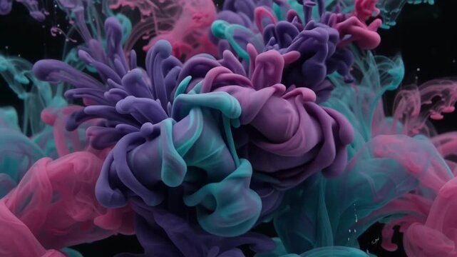 Vivid magenta, teal and purple ink clouds swirling slowly through dark water, an artistic fluid backdrop for creative and beauty videos.